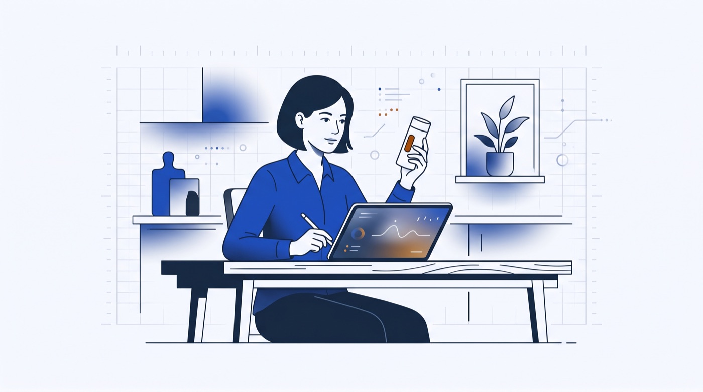 A person at home examining a consumer product and noting their impression on a tablet